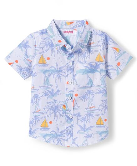 Babyhug Cotton Woven Half Sleeves Shirt With Boat Print - White