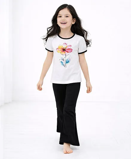 Tiara Cotton Jersey Knit Half Puffed Sleeves Floral Printed Top & Solid Bell Bottom Pant Set - White