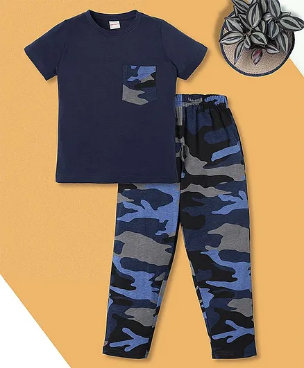 RAINE AND JAINE Cotton Knit Half Sleeves Solid Tee & Pajama Night Suit - Blue