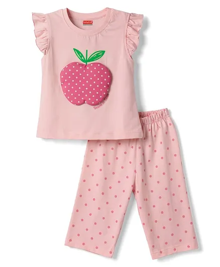 Babyhug Cotton Knit Half Sleeves T-Shirt & Capri Night Suit with Apple Patch - Pink