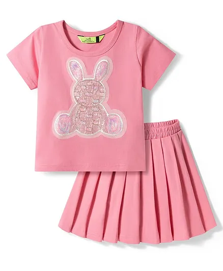 Tiara Cotton Knit Half Sleeves Sequin Bunny Embellished Top & Pleated Skirt Set - Pink