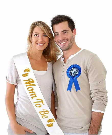 Party Propz Mom to be Sash with Dad to Be Badge & Baby Shower Decoration- Blue and Black