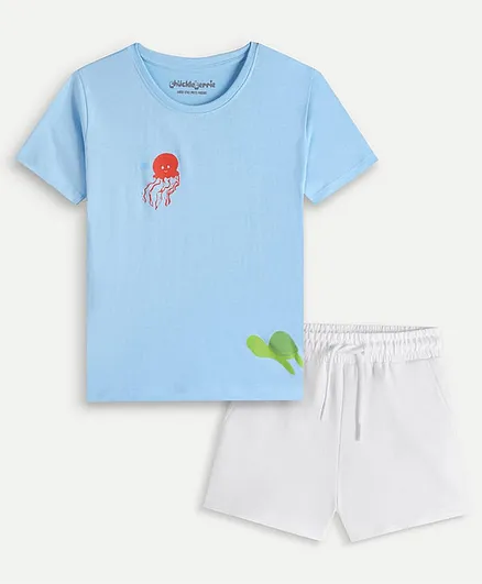 chuckleberrie Cotton Knit Half Sleeves Sea Life Printed Tee & Shorts Set - Blue