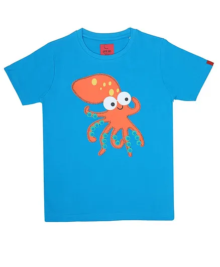 CHILINS Cotton Knit Half Sleeves Octopus Printed Tee - Light Blue