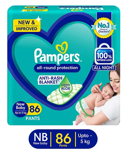 Pampers All round Protection Pants, New Born, Extra Small size baby diapers (NB,XS) 86 Count, Lotion with Aloe Vera