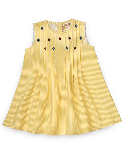 The Little Trunk Cotton Woven Sleeveless Striped & Floral Applique Detailed Dress - Yellow