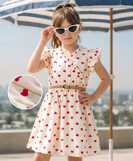 Hola Bonita 100% Cotton Woven Half Frill Sleeves Hearts Printed Knee Length Frock With Belt - OffWhite