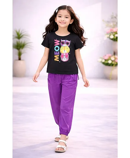 Tiara Cotton Spandex Knit Half Sleeves Cat Printed Tee & Joggers Set - Purple