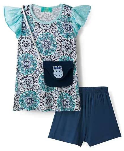 Tiara Cotton Modal Frill Sleeves Floral Printed Top & Short Set With Purse - Blue