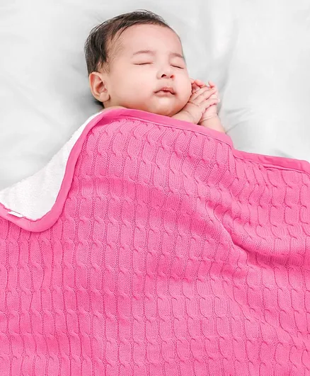 Babyhug Premium Cotton Knitted & Fur Blanket - Pink
