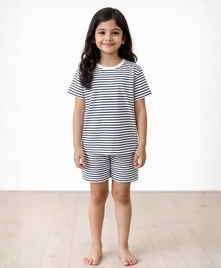 Anthrilo Pure Cotton Knit Half Sleeves Striped Tee & Shorts Night Suit - Black & White