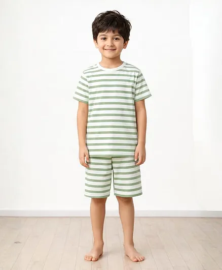 Anthrilo Pure Cotton Knit Half Sleeves Striped Coordinating  Tee & Shorts Night Suit - Green & White