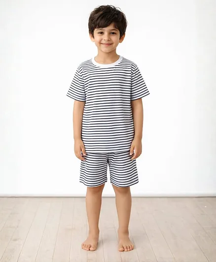 Anthrilo Pure Cotton Knit Half Sleeves Striped Tee & Shorts Night Suit - Black & White