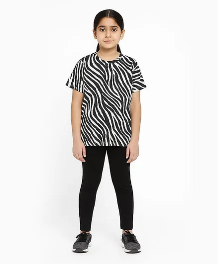 CHILINS 100% Cotton Knit Half Sleeves Animal Printed Tee & Leggings Set - Black
