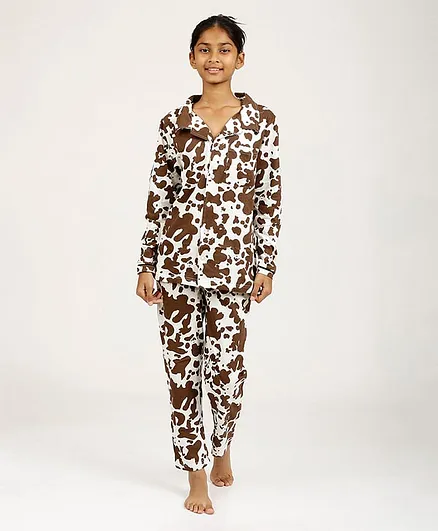 CHILINS Cotton Knit Full Sleeves Abstract Printed Shirt & Pajama Coordinating Night Suit - Brown