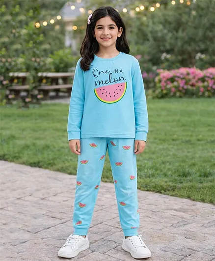 Unicorns Cotton Knit Full Sleeves  Watermelon & One in a Melon Text Printed Tee & Joggers Night Suit - Blue