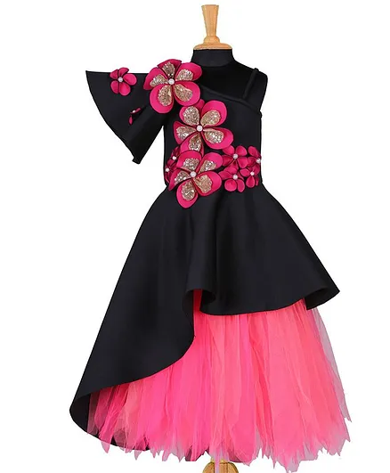 Tu Ti Tu High Low Flower Applique Top & Skirt Set - Black & Pink