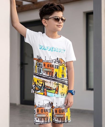 OLLINGTON ST. Cotton Knit Half Sleeves Nautical Theme Printed T-Shirt & Shorts Set - Multicolour