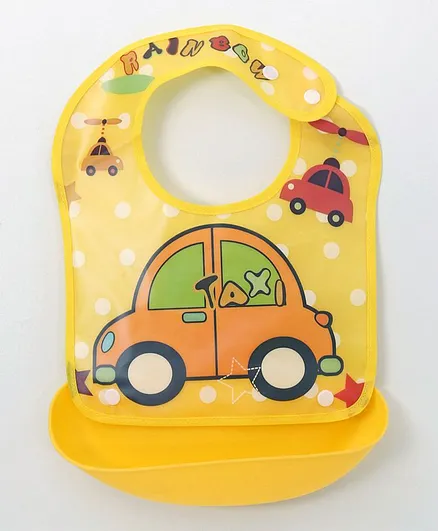 Ladybug Feeding Bib With Crumb Catcher Tray Toy Car Print - Yellow