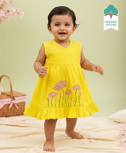 Keebee Organics Cotton Woven Sleeveless Floral Embroidered Dress - Yellow