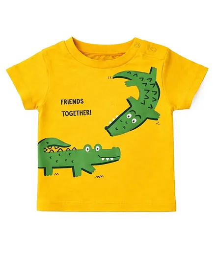 nuberry Cotton Woven Half Sleeves Crocodile Printed Tee - Yellow