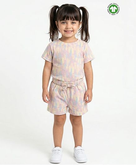 Pranava Organic Cotton Woven Half Sleeves Abstract Printed Coordinating Tee & Shorts Set - Cream