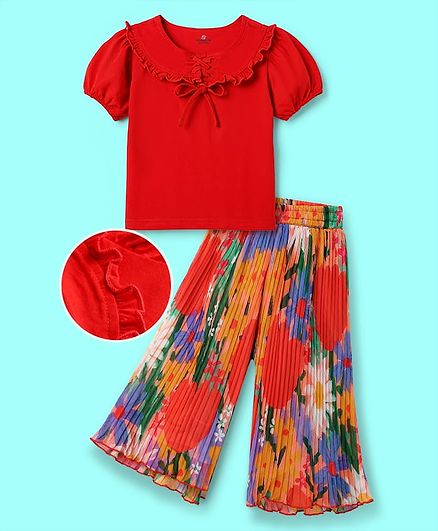 OLLINGTON ST. Sinker Knit Half Sleeves Top & Pleated Georgette Culottes Set With Floral Print - Red