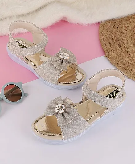 PASSION PETALS Stone Embellished Bow Applique Detailed Velcro Closure Sandals  - Gold
