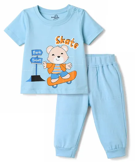 Doodle Poodle 100% Cotton Single Jersey Knit Half Sleeves T-Shirt & Pant Set With Bear Print - Blue