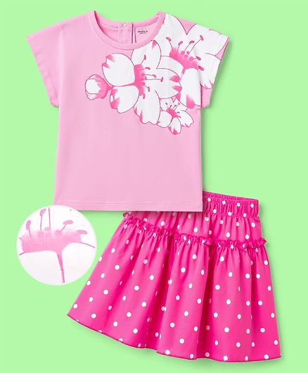 OLLINGTON ST. Cotton Knit Dolman Sleeve Top With Floral Print & Polka Dots Printed  Skirts - Pink