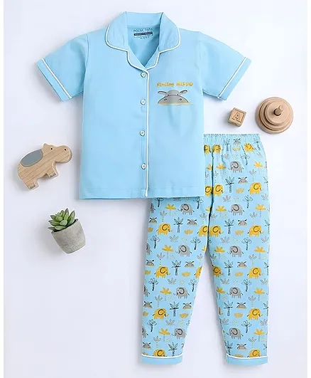 Polka Tots Cotton Woven Half Sleeves Hippo Printed Shirt & Pant Night Suit - Light Blue
