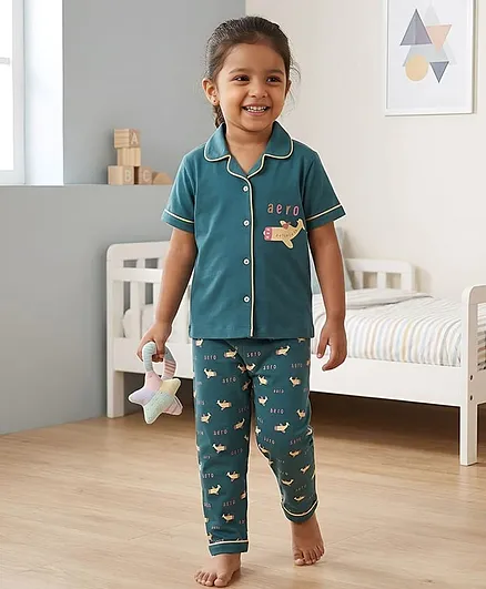Polka Tots Cotton Woven Half Sleeves Plane Printed Shirt & Pajama Night Suit - Green