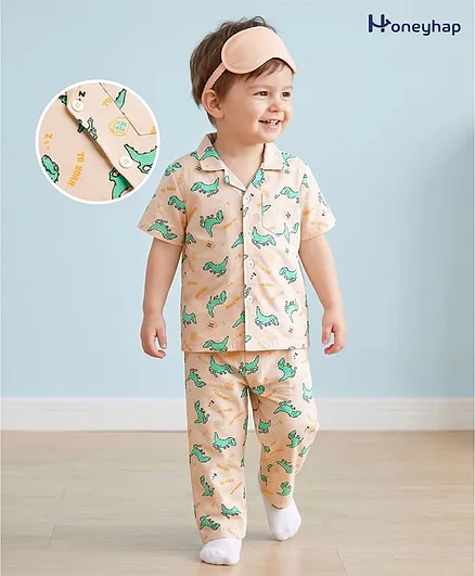 Honeyhap Premium Cotton Knit Half Sleeves Shirt & Pyjama Co-Ord Night Suit With Bio Finish & Dino Print - Macadamia