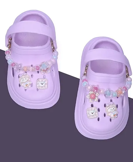 NEW STEPS Beads Embellished Girl Applique Detailed Perforated Slingback Clogs - Purple