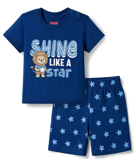 Babyhug Cotton Knit Half Sleeves Lion & Star Printed T-Shirt & Shorts Night Suit - Navy Blue