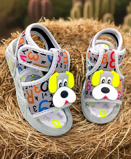 Binos Animal Face Applique Detailed Velcro Closure Musical Sandals - Grey