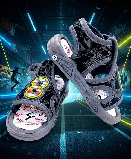 Binos Numerical Applique Detailed Velcro Closure Musical Sandals - Black