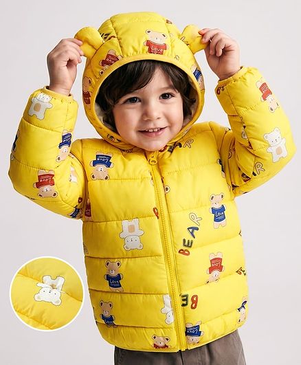 Mark & Mia Full Sleeves Padded/Quilted/ Winter Jacket with Bear Print & Ear Applique - Yellow