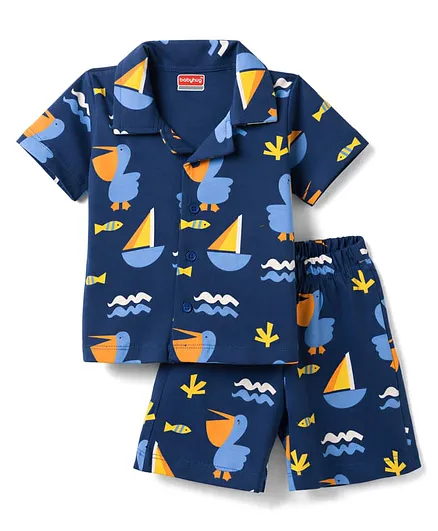 Babyhug Cotton Knit Full Sleeves Shirt & Shorts Co-Ord Night Suit With Nautical Print - Navy Blue