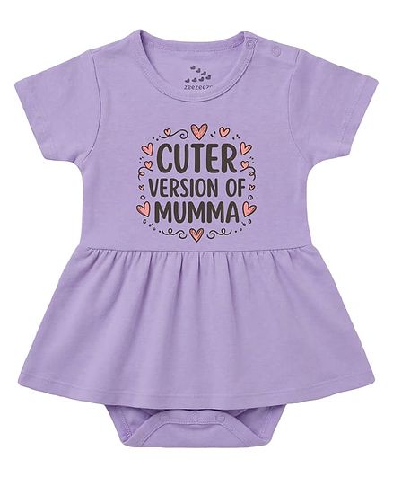 Zeezeezoo 100% Cotton Knit Half Sleeves Cuter Version Of Mumma Text Printed Frock Style Onesie - Lavender