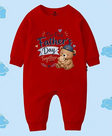 The Peppy Tend 100% Cotton Knit Fathers Day Theme Full Sleeves Our First Fathers Day Together Text Printed Romper - Red
