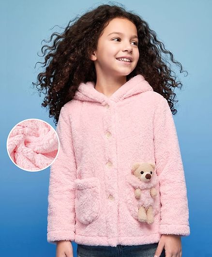 Mark & Mia Full Sleeves Fur Hoodie with Heart Print & Bear Applique - Pink