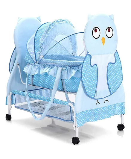 Babyhug Owl Print With Mosquito Net and Swing Lock function - Blue