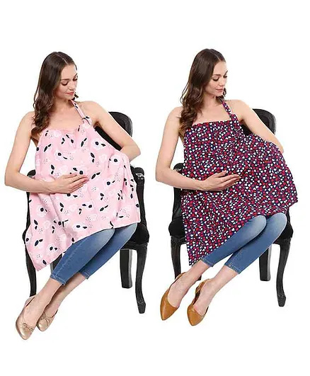 Wobbly Walk Nursing Covers Heart & Floral Print Pack of 2 - Pink Navy Blue