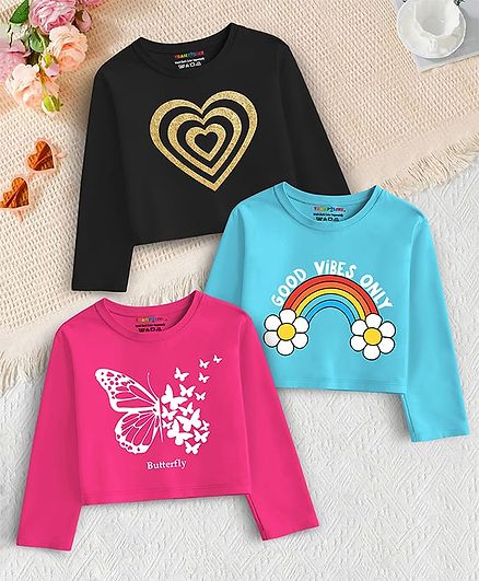Trampoline Cotton Blend Knit Full Sleeves Crop Tops with Heart, Rainbow & Butterfly Print Pack of 3  - Pink, Black and Blue