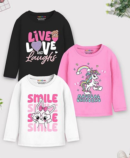 Trampoline Cotton Blend Knit Full Sleeves T-Shirts with Text & Unicorn Print Pack of 3 - Pink, Black & White