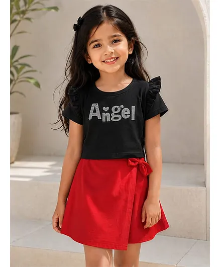 Tiara Cotton Spandex Knit Half Sleeves Angel Text Stone Embellished Top & Skort Set - Red