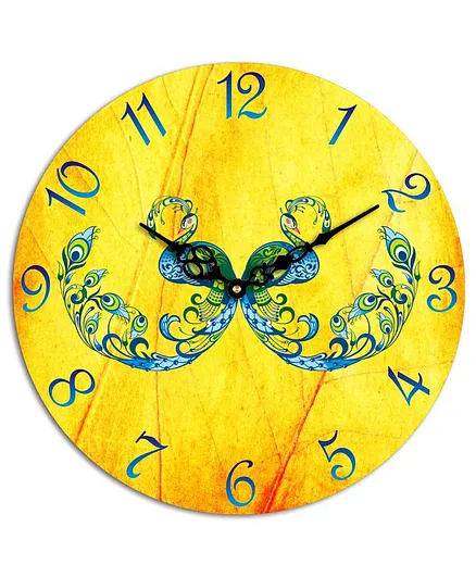 Studio Shubham Peacock Design Wooden Wall Clock - Yellow