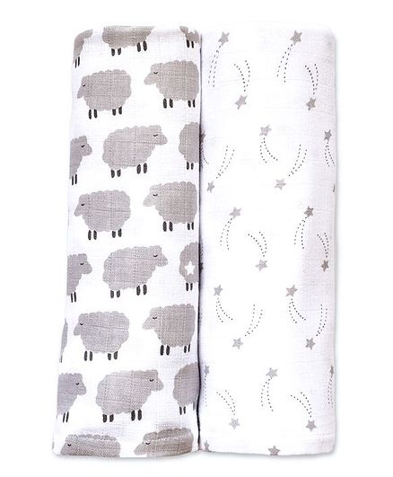 Masilo Organic Cotton Muslin Swaddle Wrappers Sheep Print White - Pack of 2 