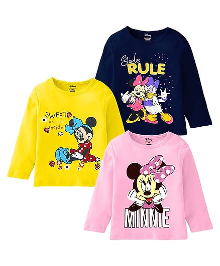 Kuchipoo Knit Full Sleeves Minnie Mouse & Daisy Duck Printed  T-Shirt Pack of 3 -Yellow Pink & Navy